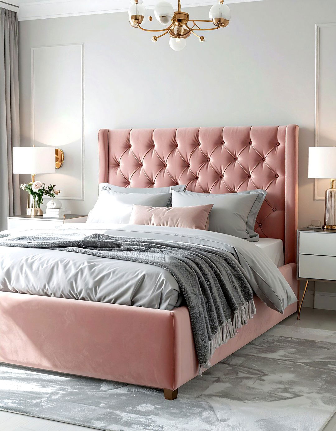 Blush velvet upholstered bed - 30 blush bedroom ideas