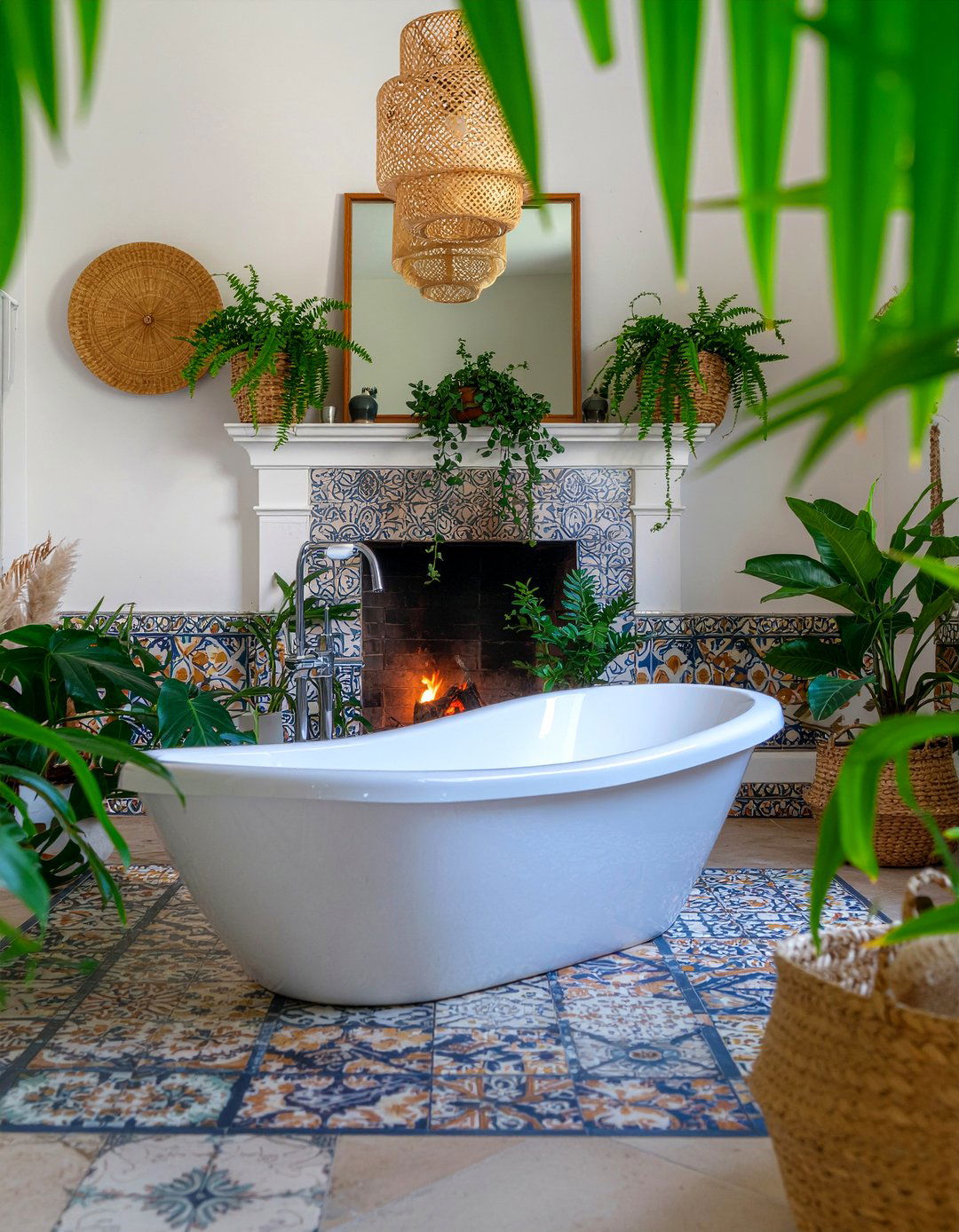Bohemian Bathroom With Plants And Fireplace - 30 freestanding tub with fireplace ideas