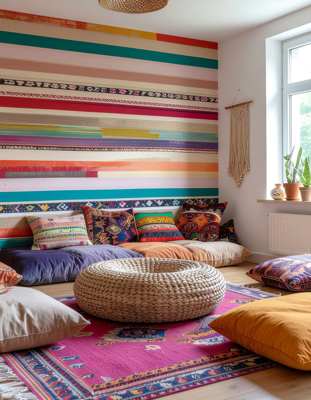 Bohemian Colorful Striped Wall - 30 living room striped wall ideas