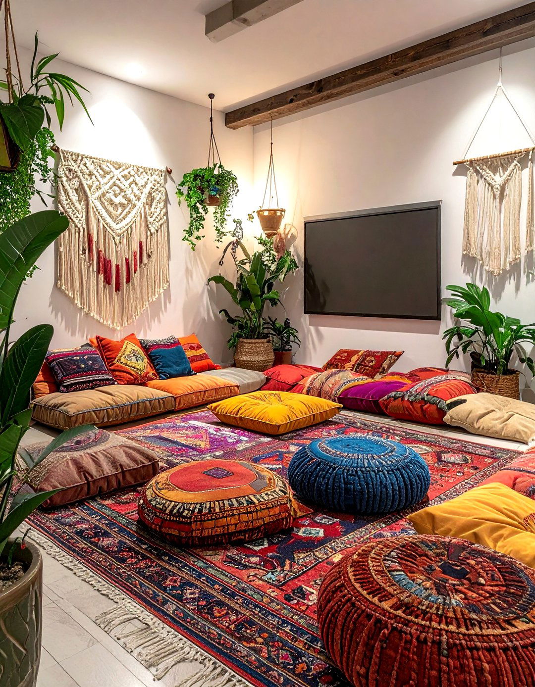 Bohemian Floor Seating Movie Area - 30 living room projector ideas
