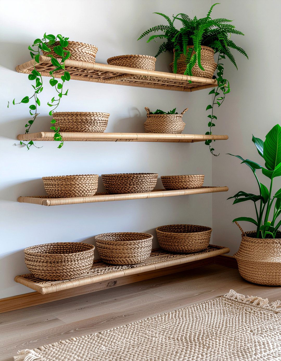 Bohemian Rattan Shelves - 30 bedroom wall shelving ideas