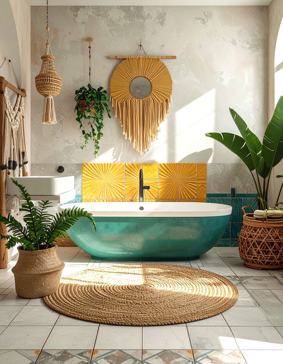 Bohemian bathroom with cement tile - 30 encaustic tile bathroom ideas