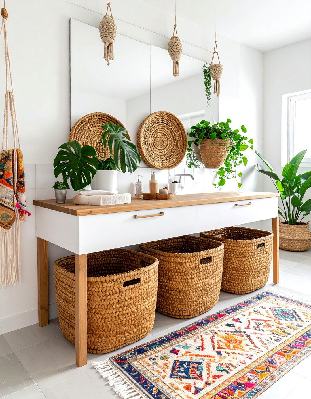 Bohemian bathroom with wicker storage baskets - 30 bathroom furniture arrangement