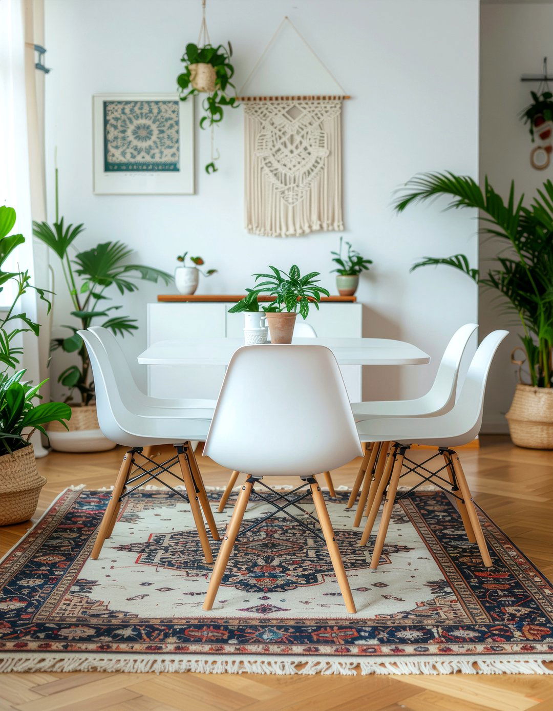 Bohemian dining room with molded chairs - 30 Eames dining chair ideas