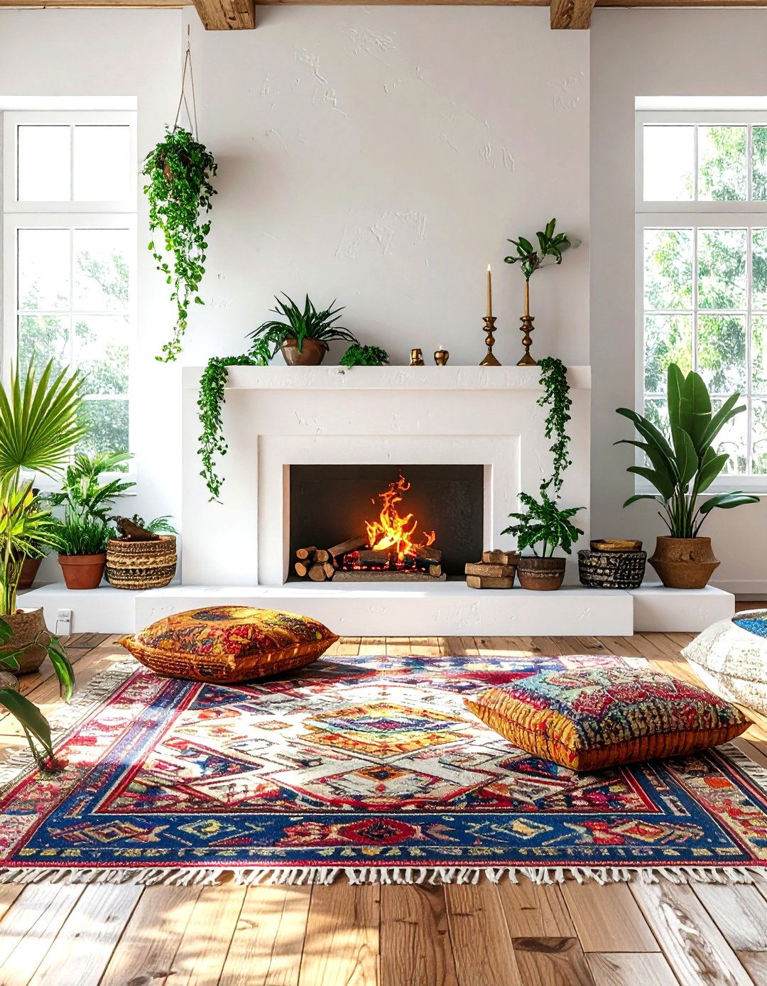 Bohemian fireplace decor - 30 living room wood burning fireplace ideas
