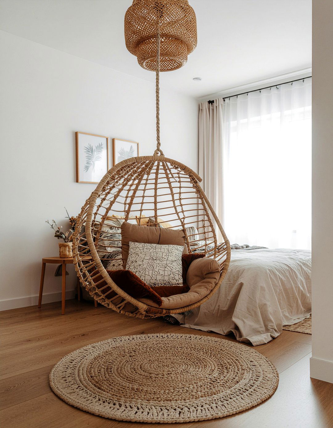 Bohemian hanging chair - 30 high ceiling bedroom ideas