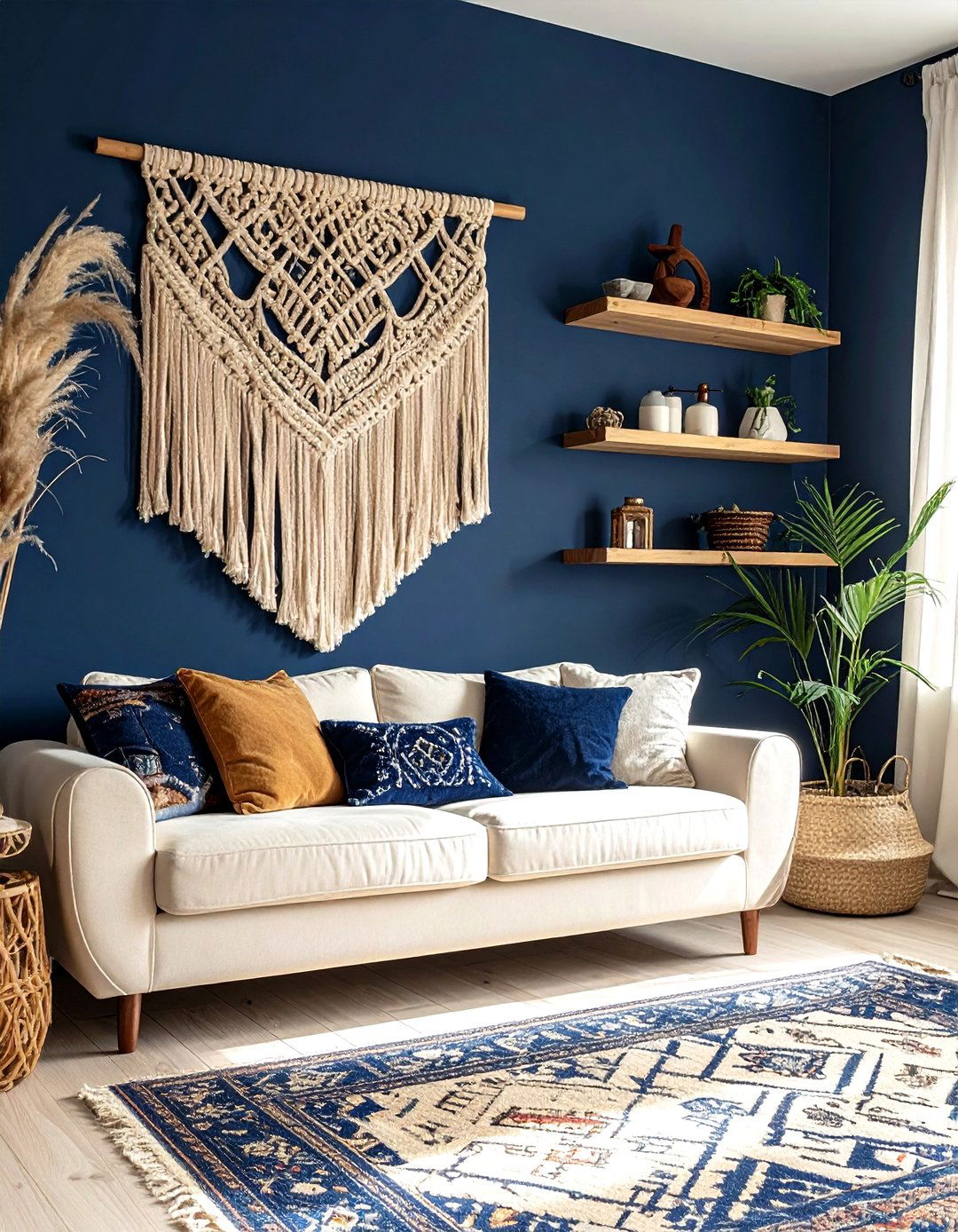 Bohemian navy accent wall - 30 bohemian navy living room ideas