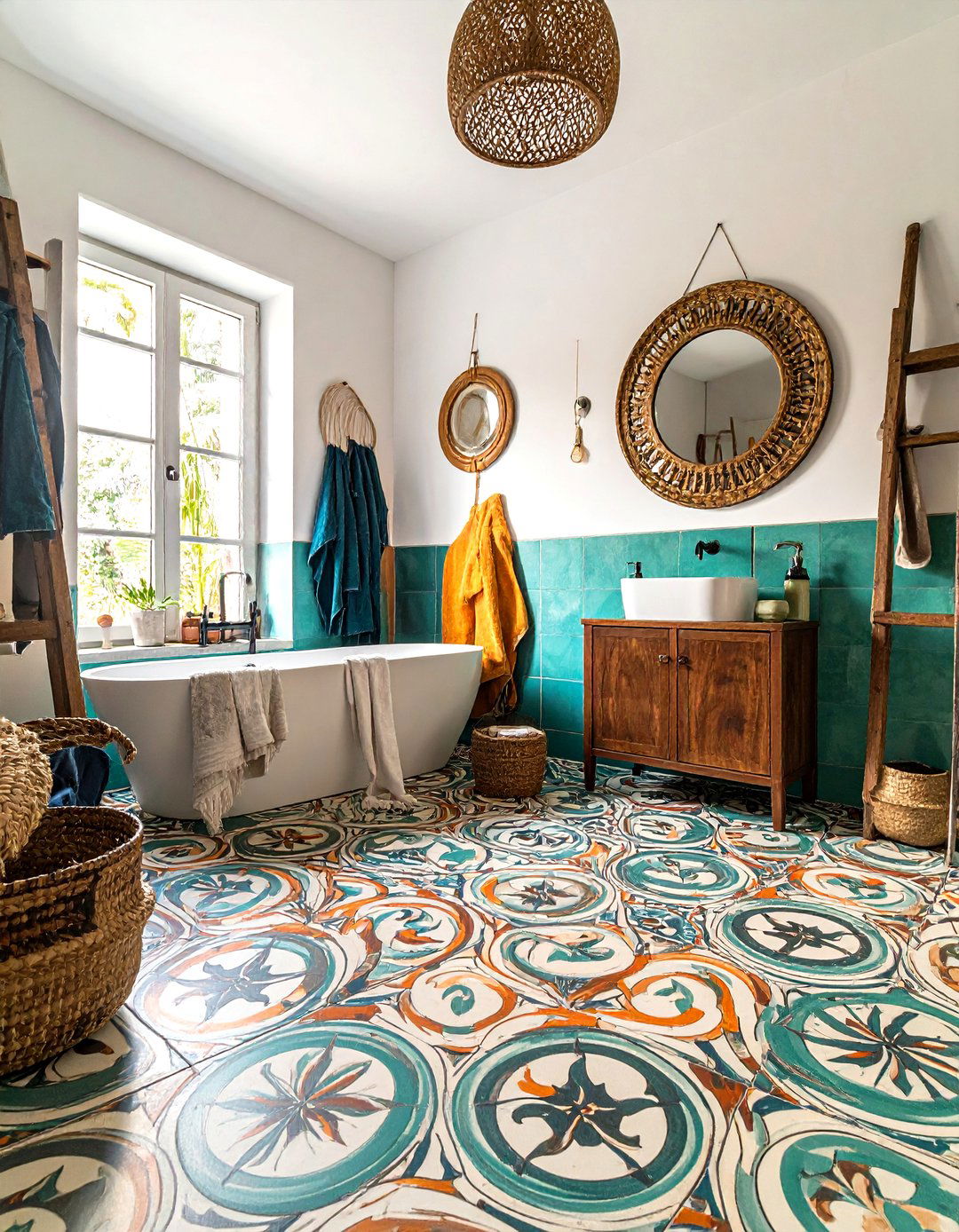 Bohemian pattern cement tile floor - 30 cement tile bathroom ideas