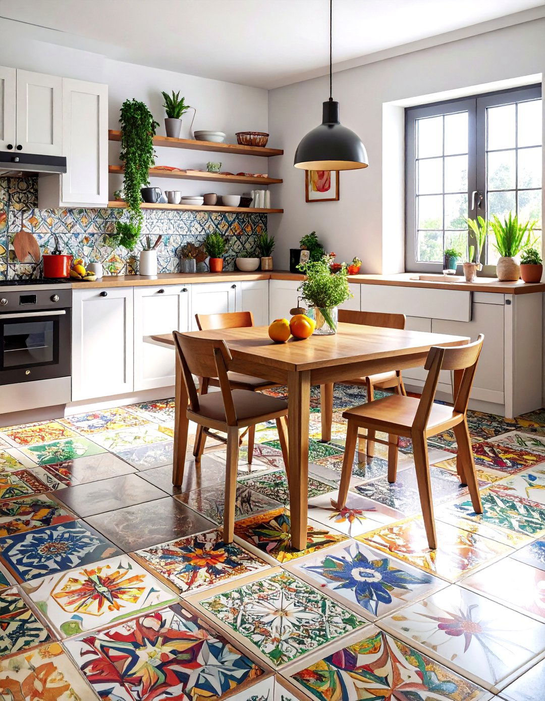 Bohemian peel and stick tile - 30 patterned floor kitchen ideas