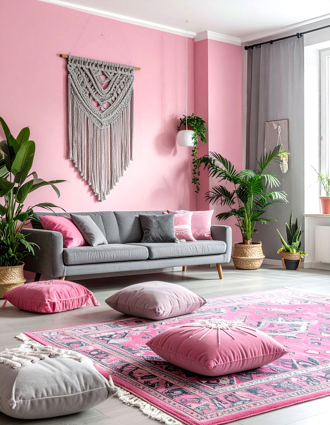 Bohemian pink and gray living room - 30 pink gray living room ideas