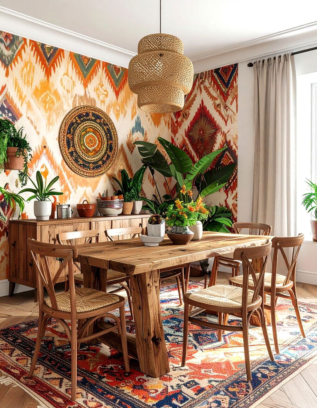 Bohemian print dining room - 30 bold wallpaper dining room ideas