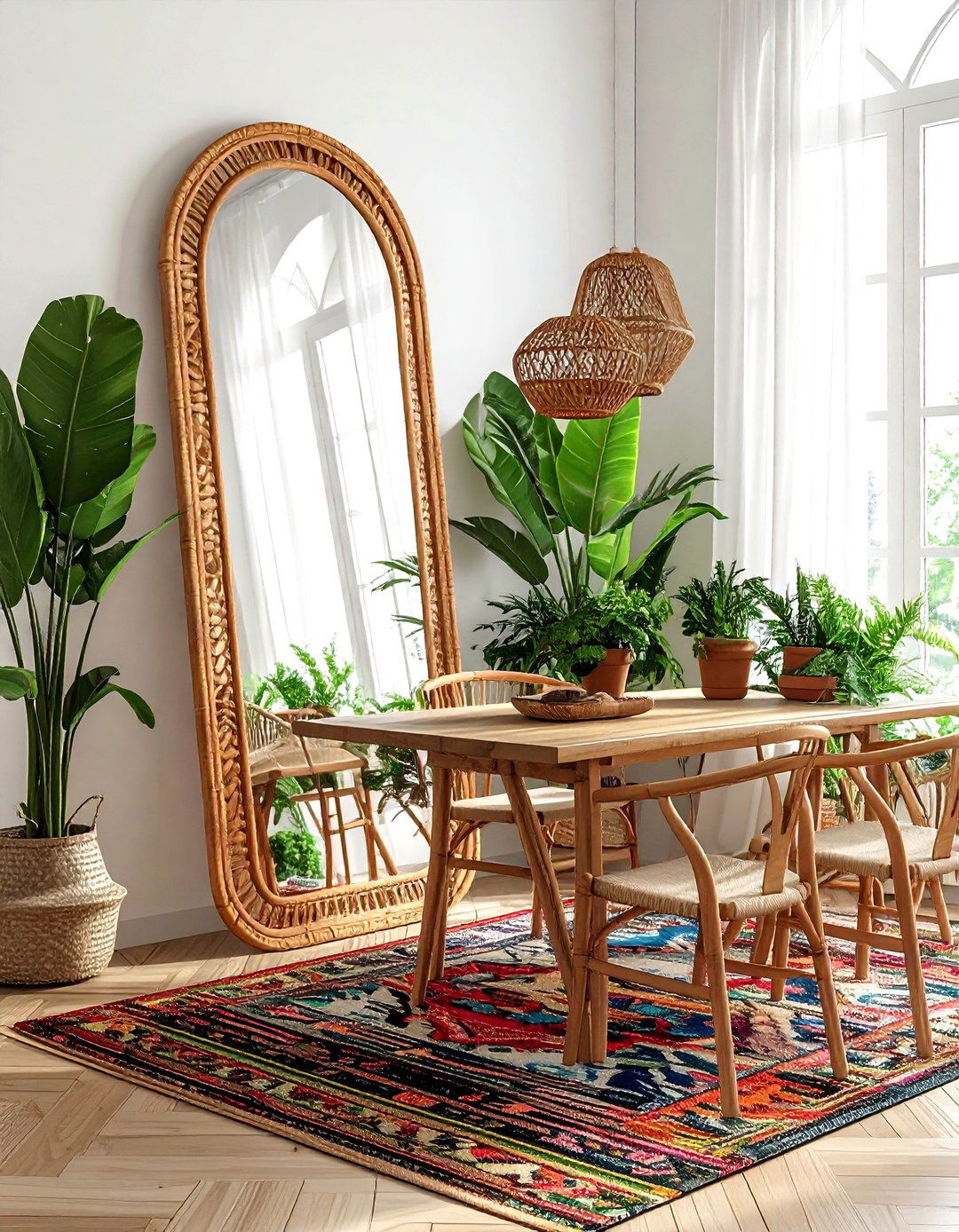 Bohemian rattan mirror - 30 floor mirror dining room ideas