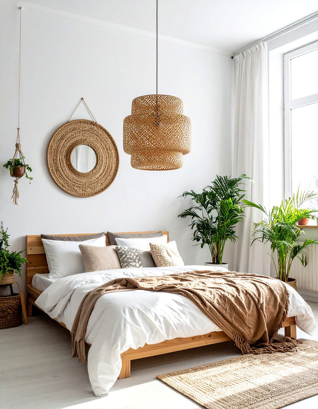 Bohemian rattan pendant - 30 bedroom layered lighting ideas