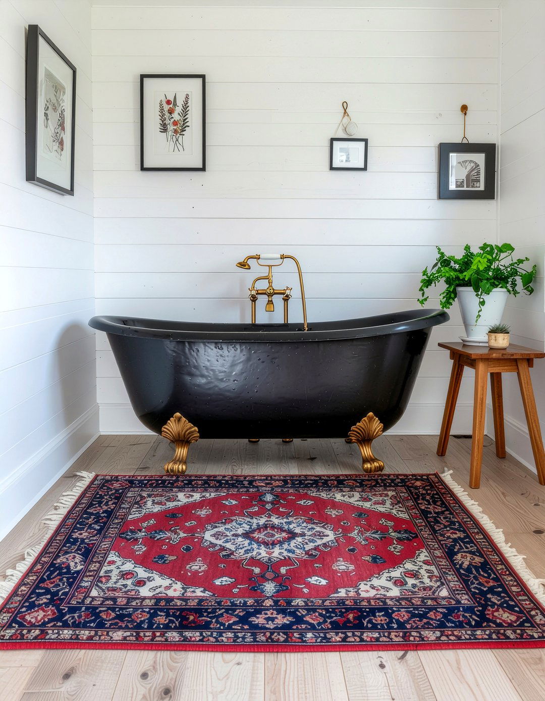 Bohemian rug clawfoot tub - 30 bathroom era mixing ideas