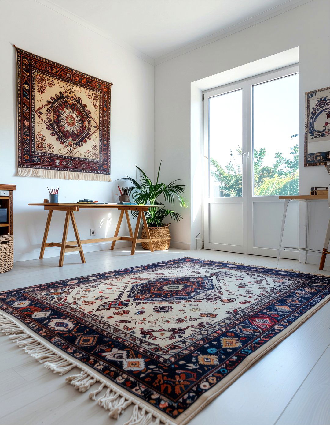 Bohemian rug on natural fiber rug - 30 layered rug ideas