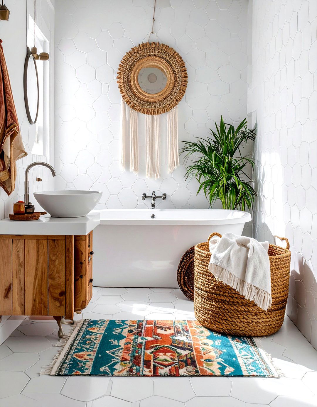 Bohemian white hexagon tile bathroom - 30 white hexagon tile bathroom ideas