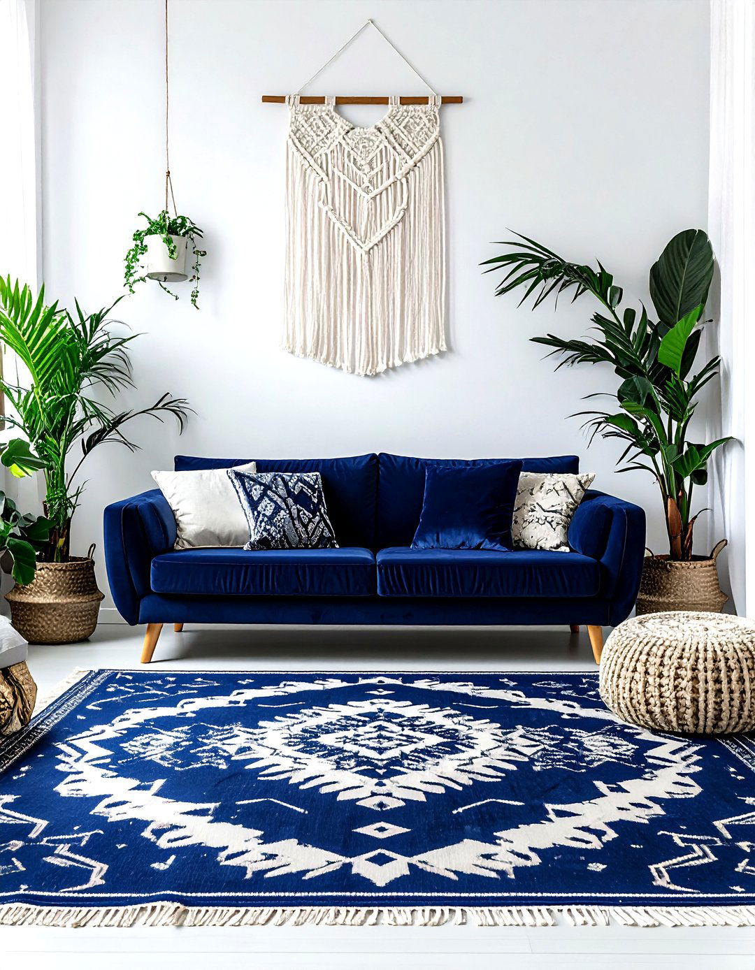 Boho Navy Living Room - 30 navy and white living room ideas