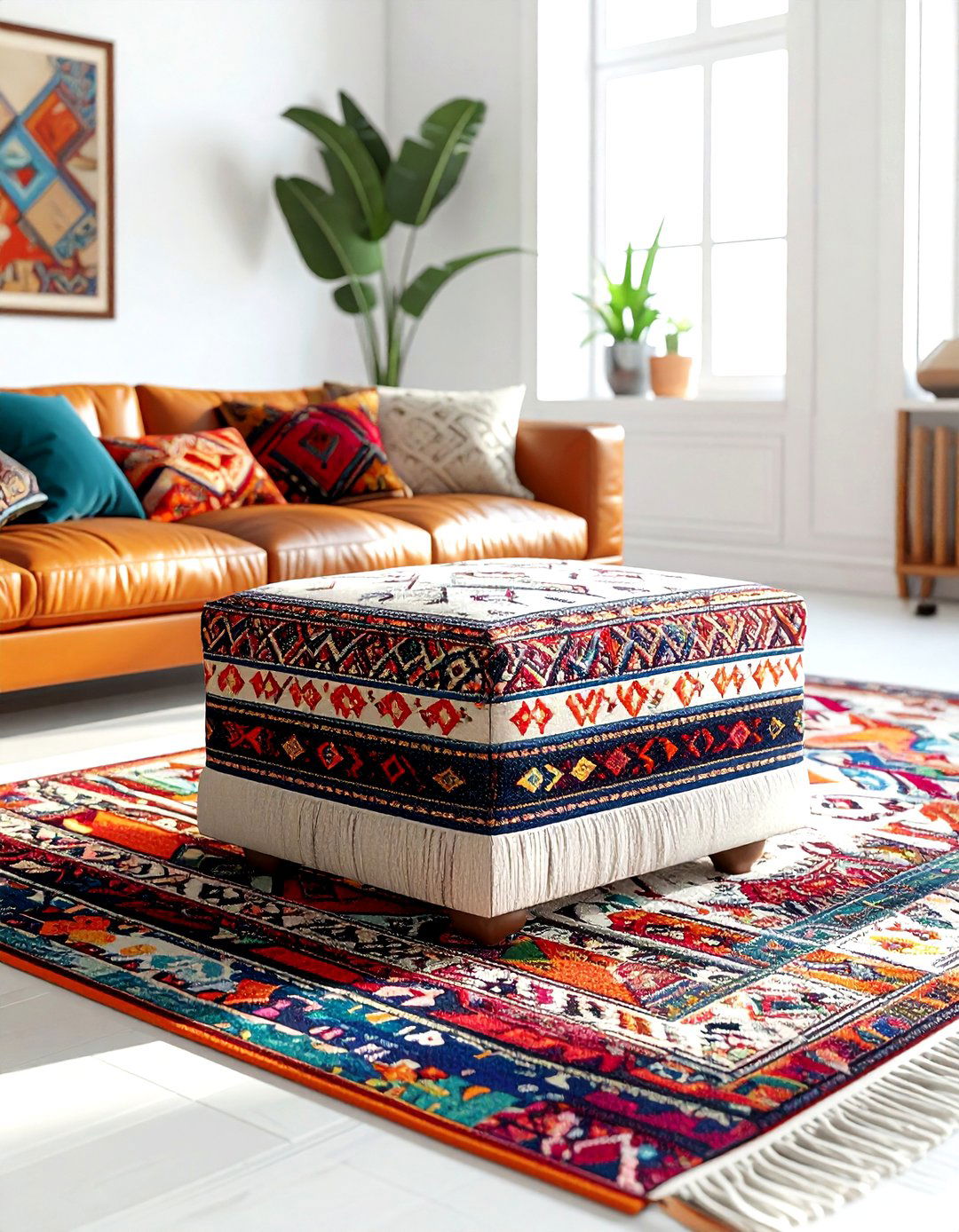 Boho Patterned Ottoman - 30 living room pouf seating ideas