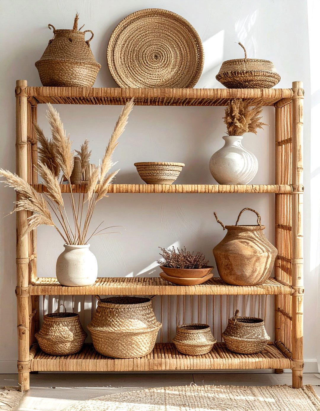 Boho Rattan Shelf - 30 wall shelf decor ideas