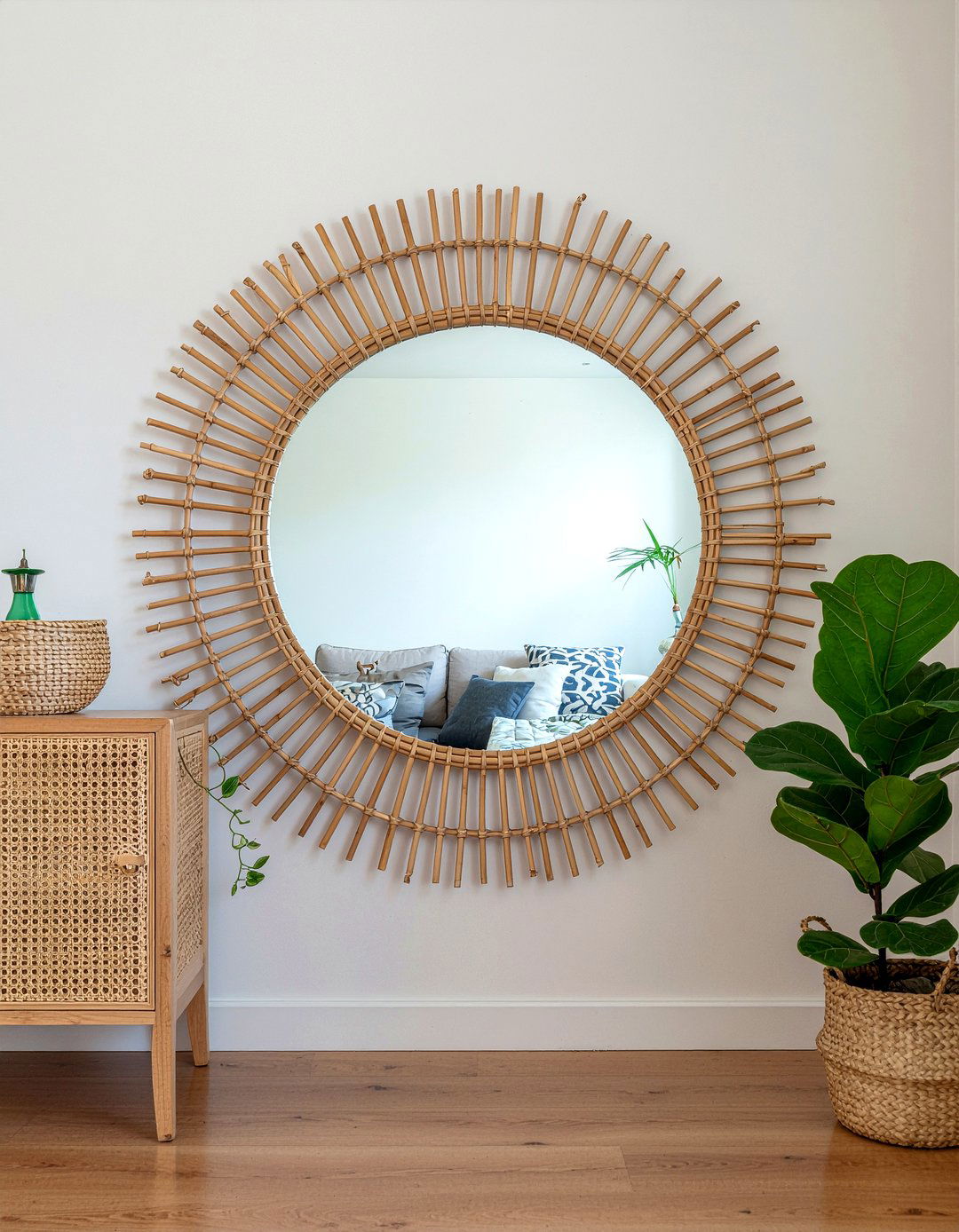 Boho Round Mirror With Rattan Frame - 30 round mirror dining room ideas