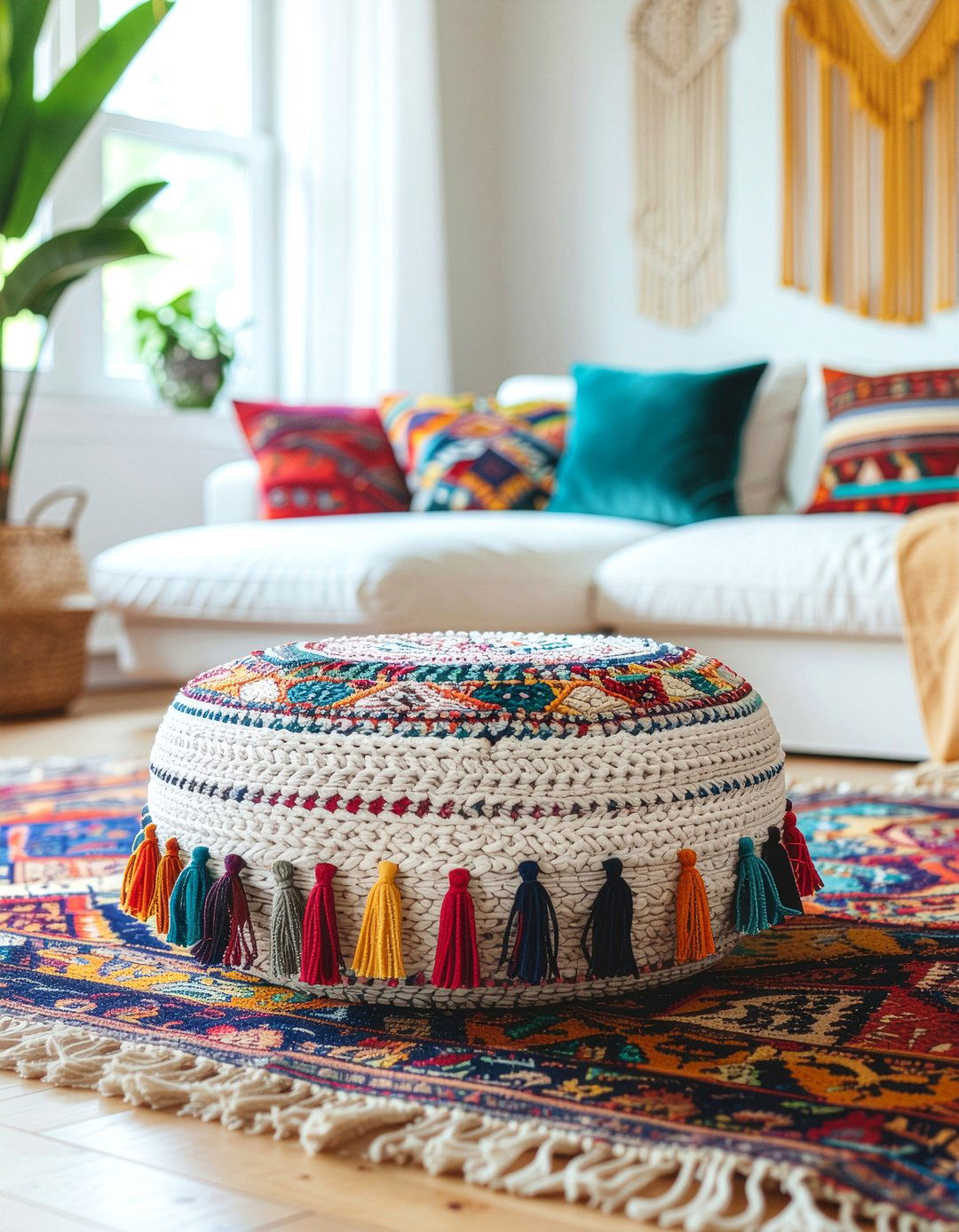Boho Tassel Pouf - 30 living room pouf ideas