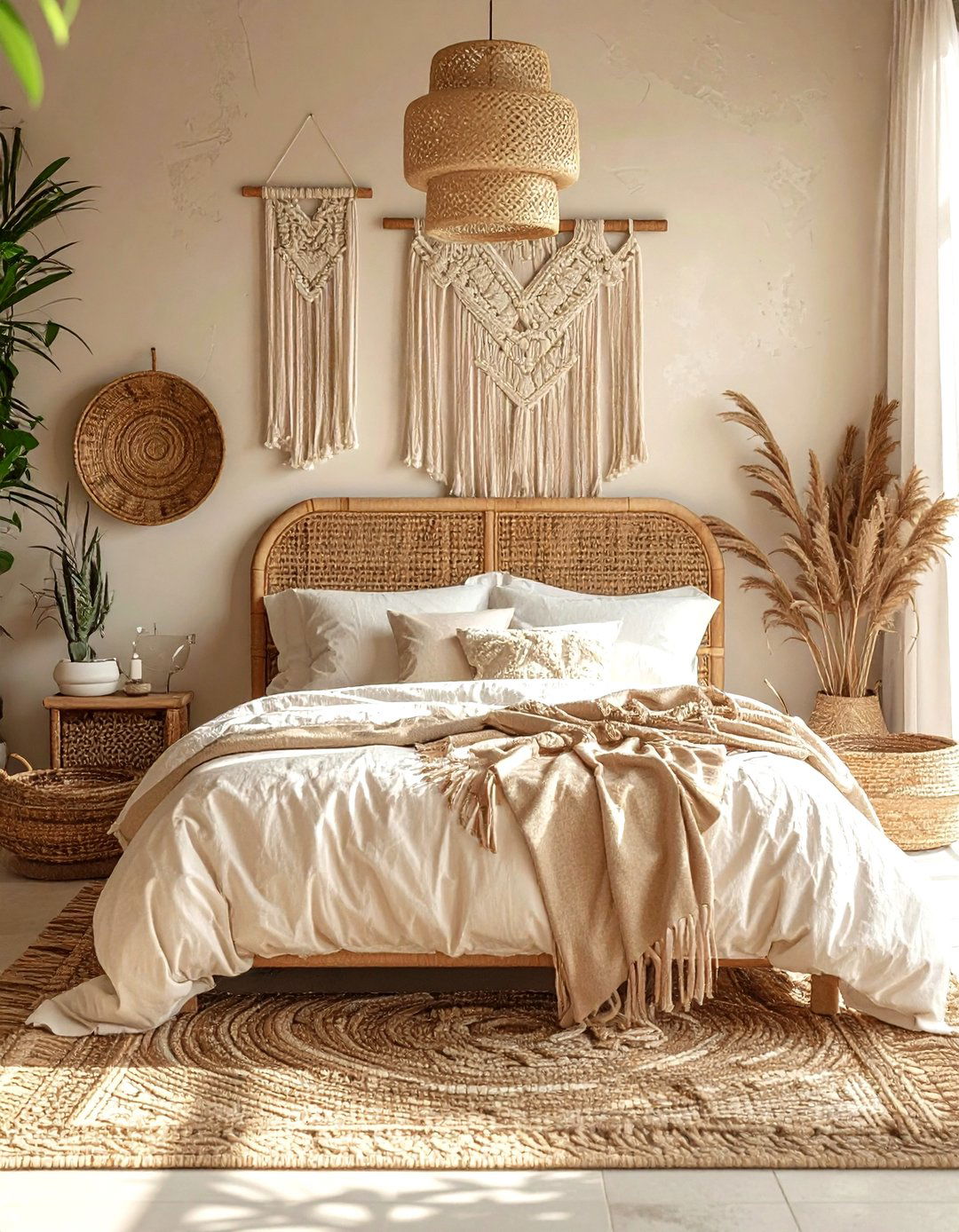 Boho beige bedroom with rattan - 30 contemporary beige bedroom ideas
