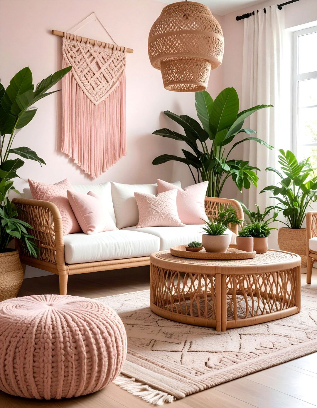 Boho blush living room - 30 blush and white living room ideas