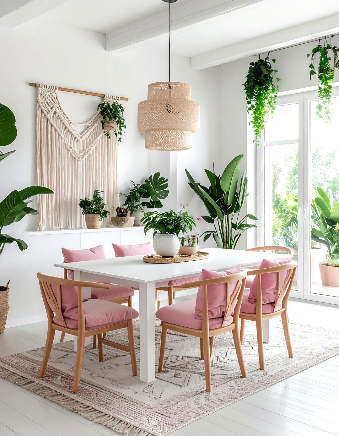 Boho blush white dining space - 30 blush and white dining room ideas