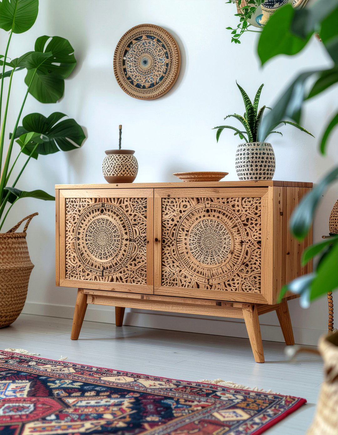 Boho carved wood media chest - 30 living room tv console ideas