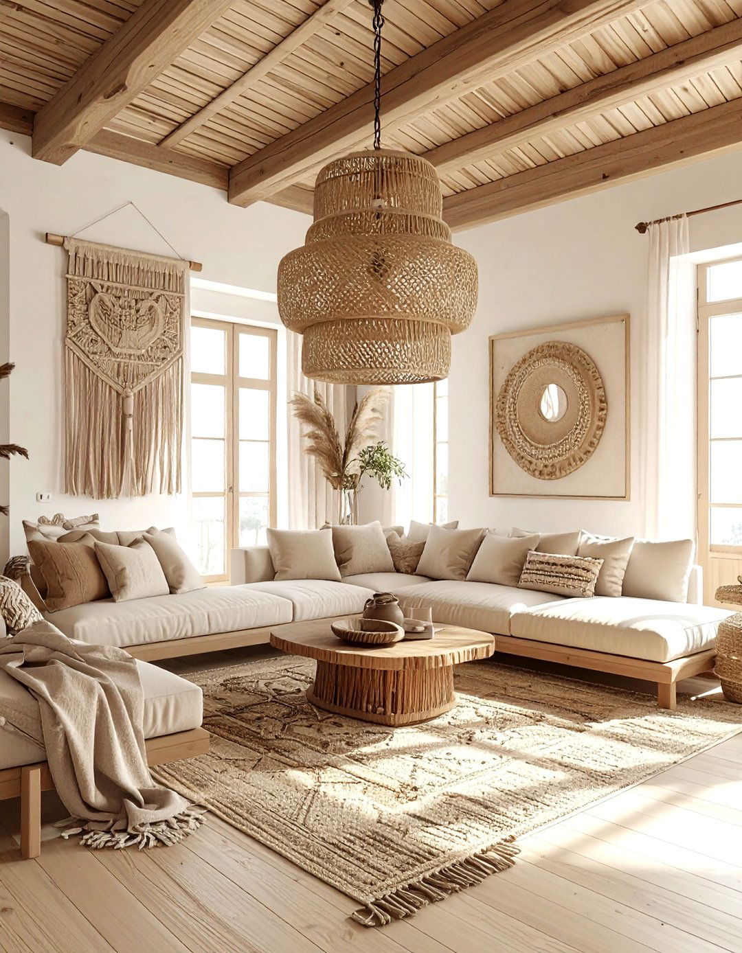 Boho chandelier living room - 30 bohemian beige living room ideas