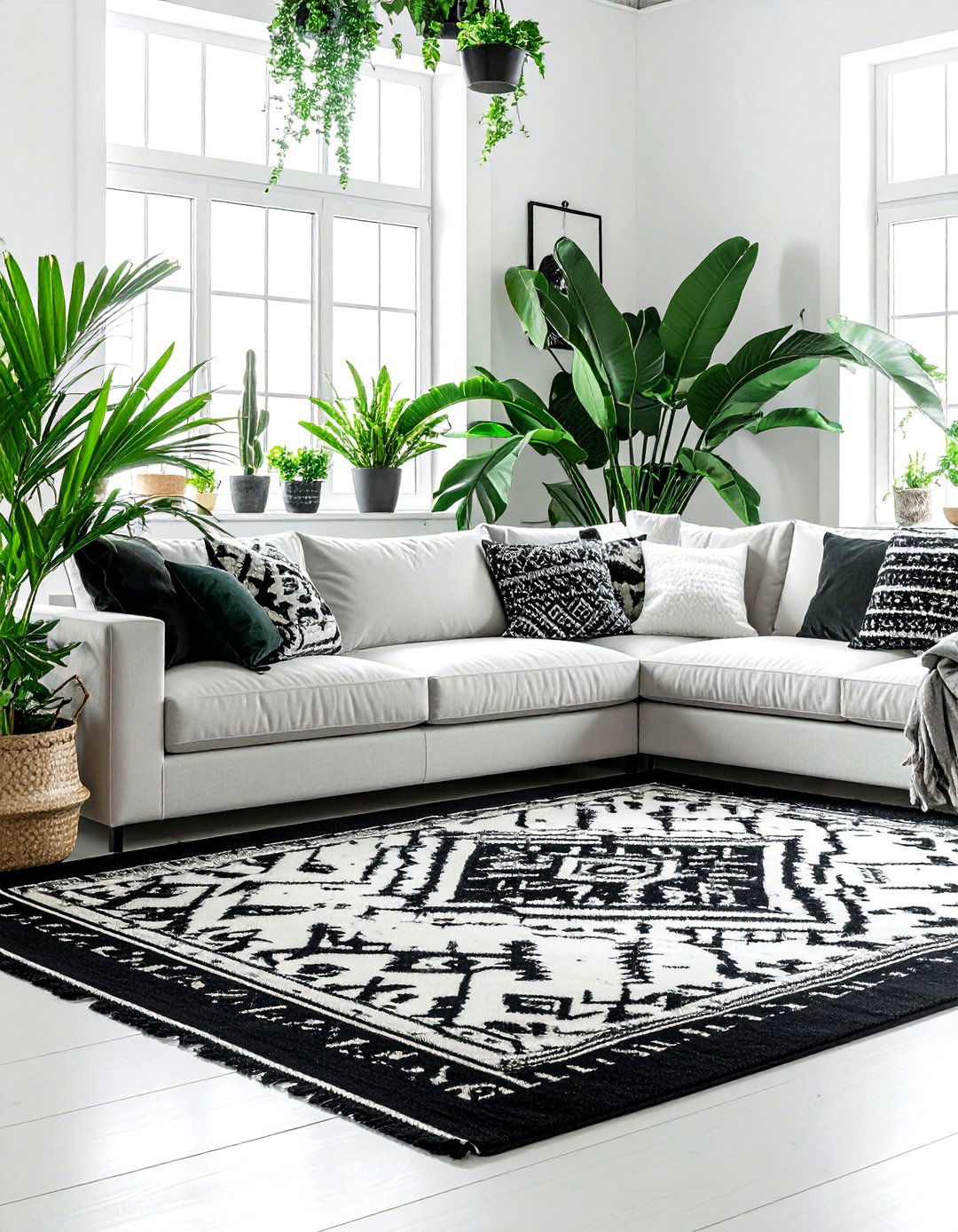 Boho coastal living room black rug - 30 coastal black living room ideas