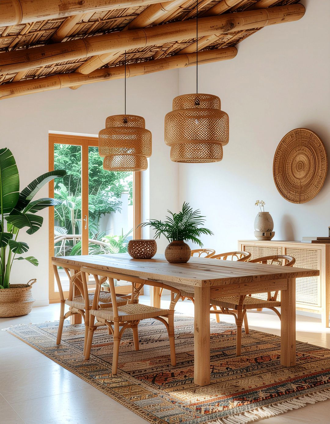 Boho dining room bamboo ceiling - 30 dining room vaulted ceiling ideas