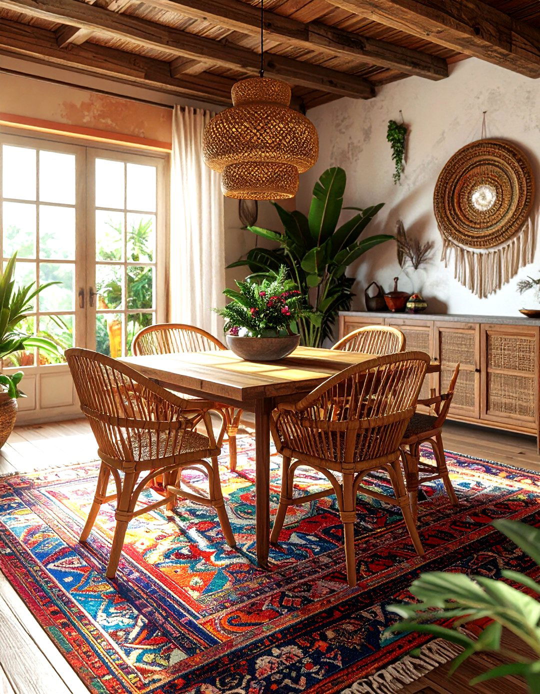 Boho dining room with cane - 30 cane dining room ideas