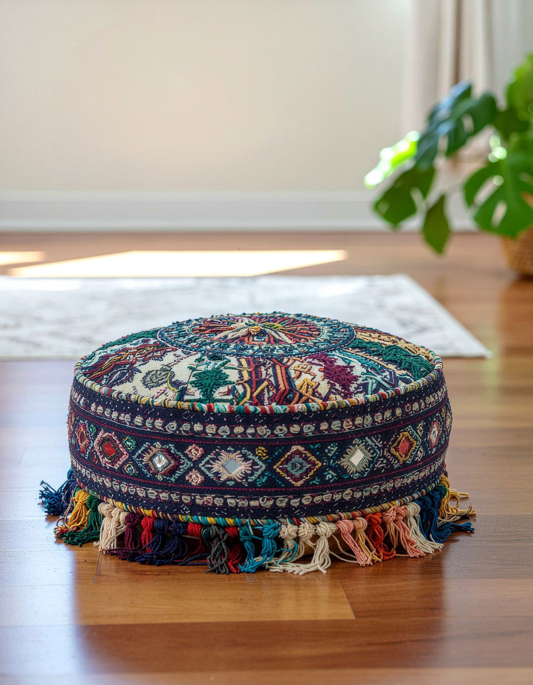 Boho embroidered pouf - 30 embroidered living room ideas