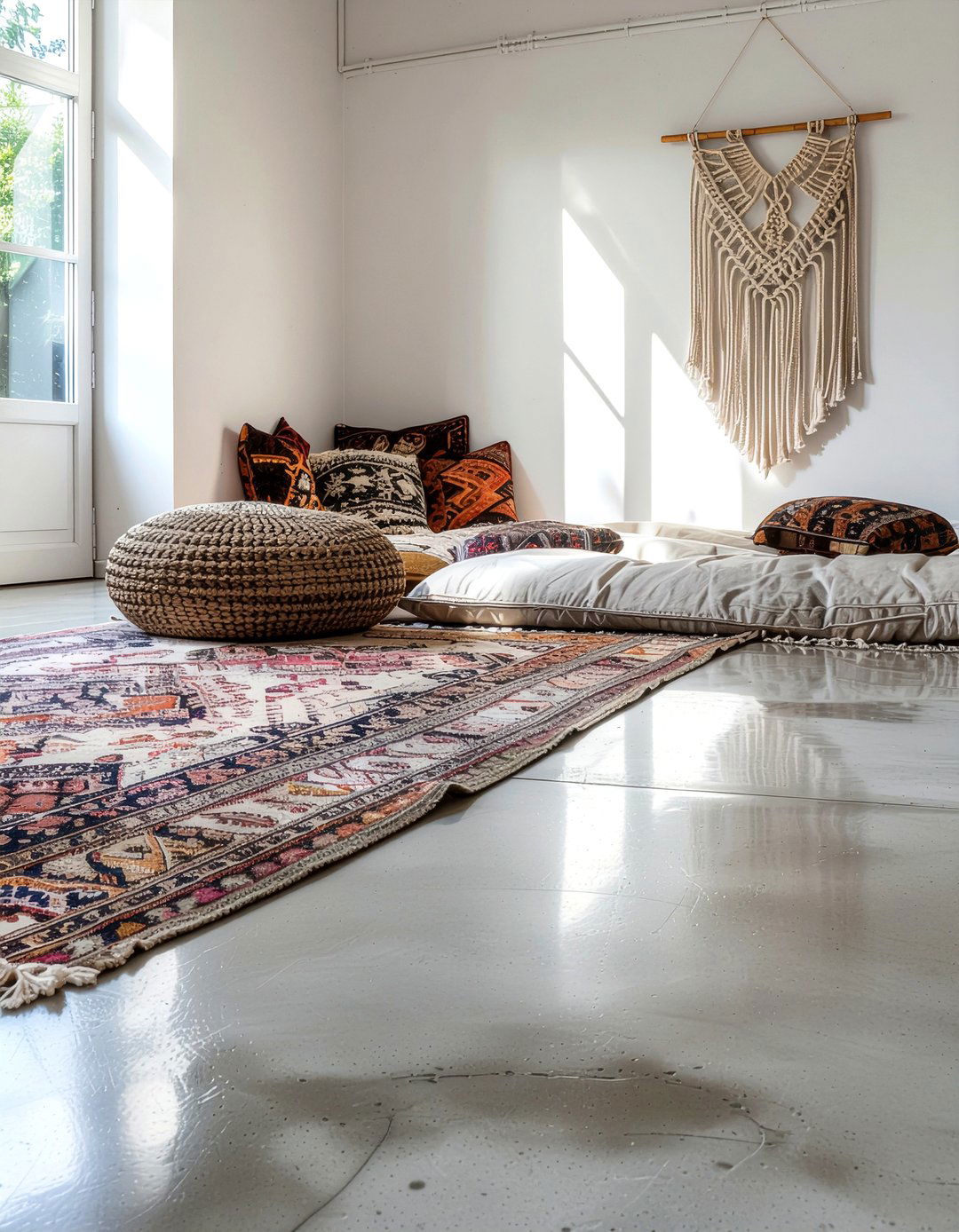 Boho living room concrete floor - 30 polished concrete living room ideas