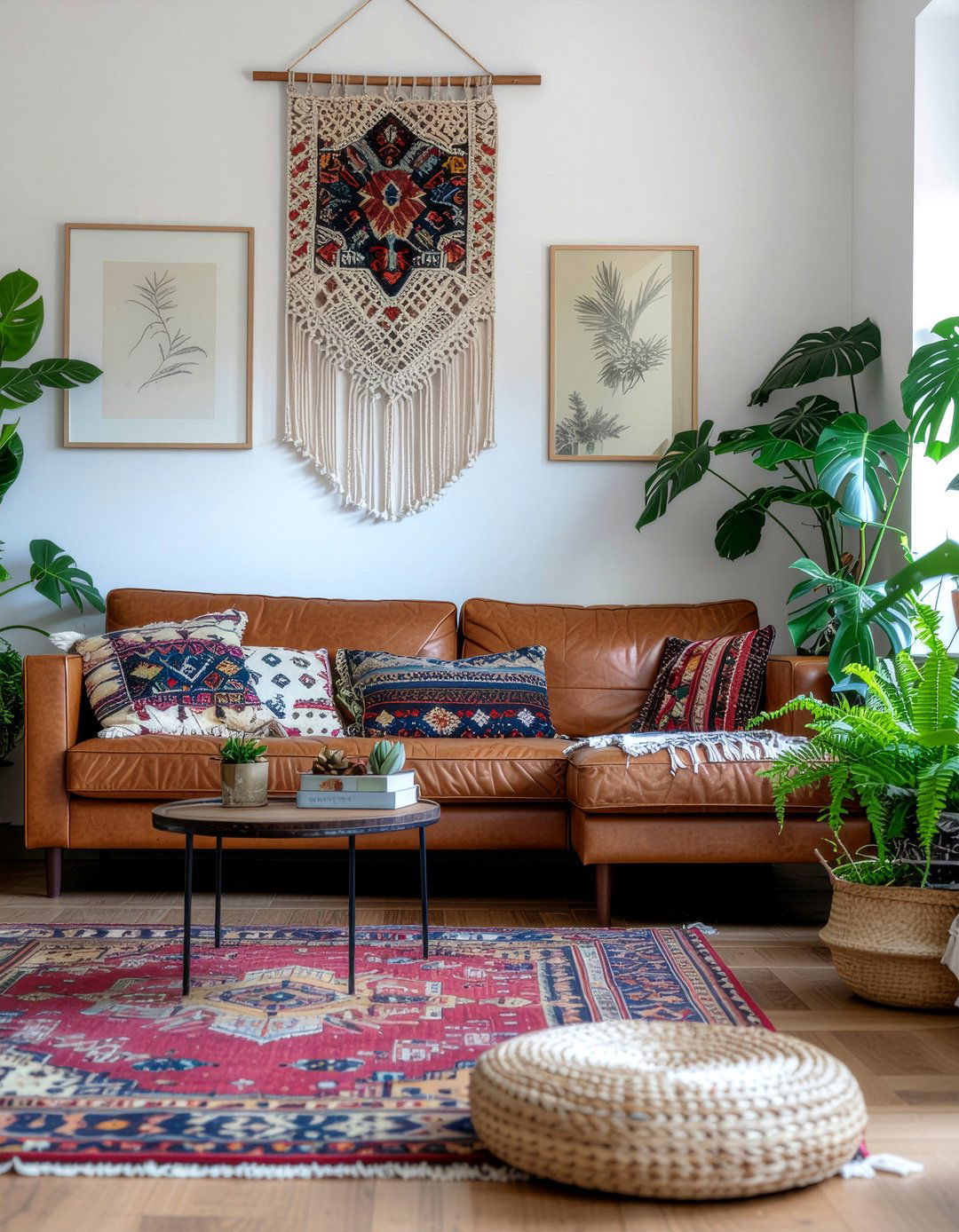 Boho living room leather sofa - 30 leather sofa living room ideas