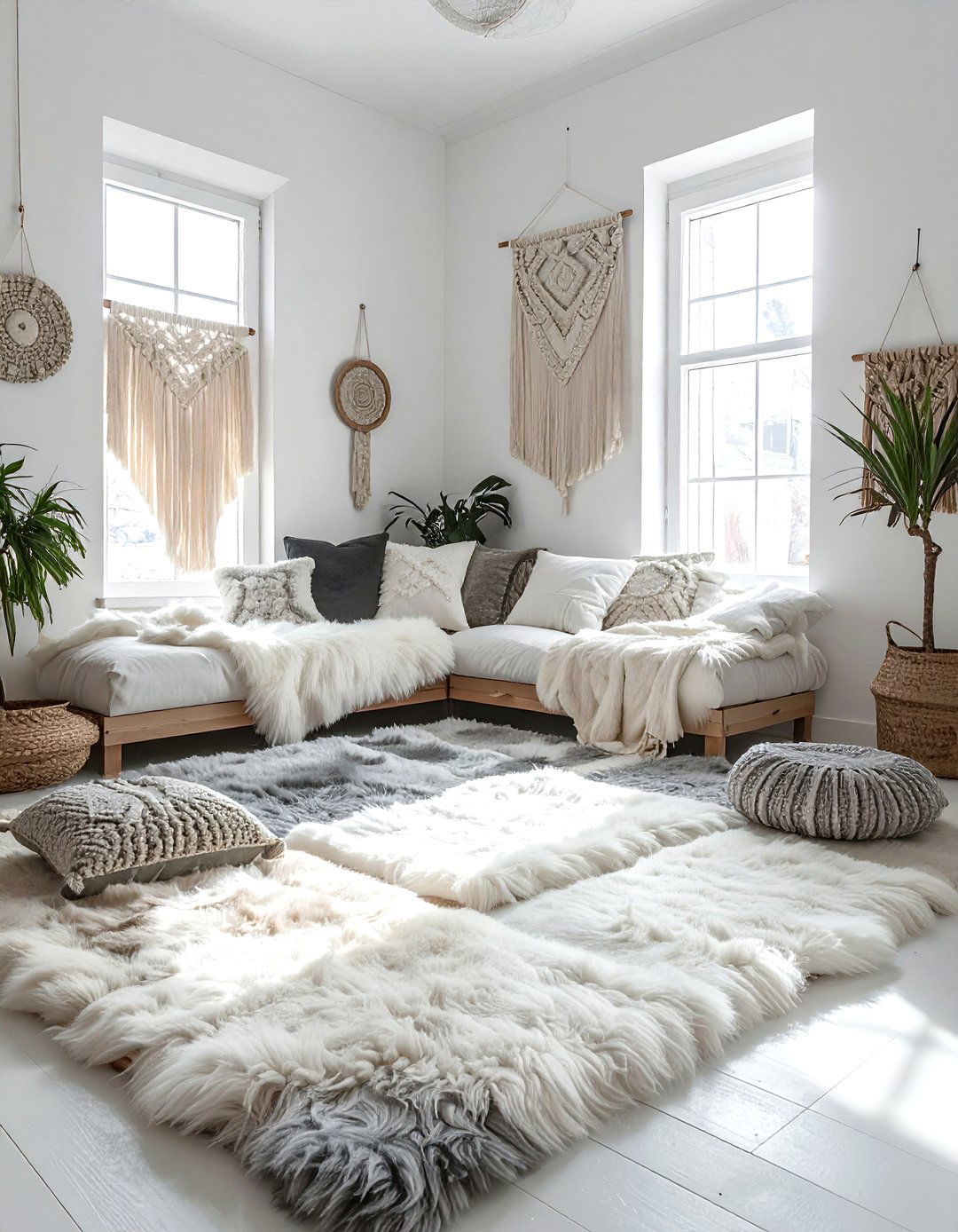 Boho living room with sheepskin rug layers - 30 sheepskin rug ideas