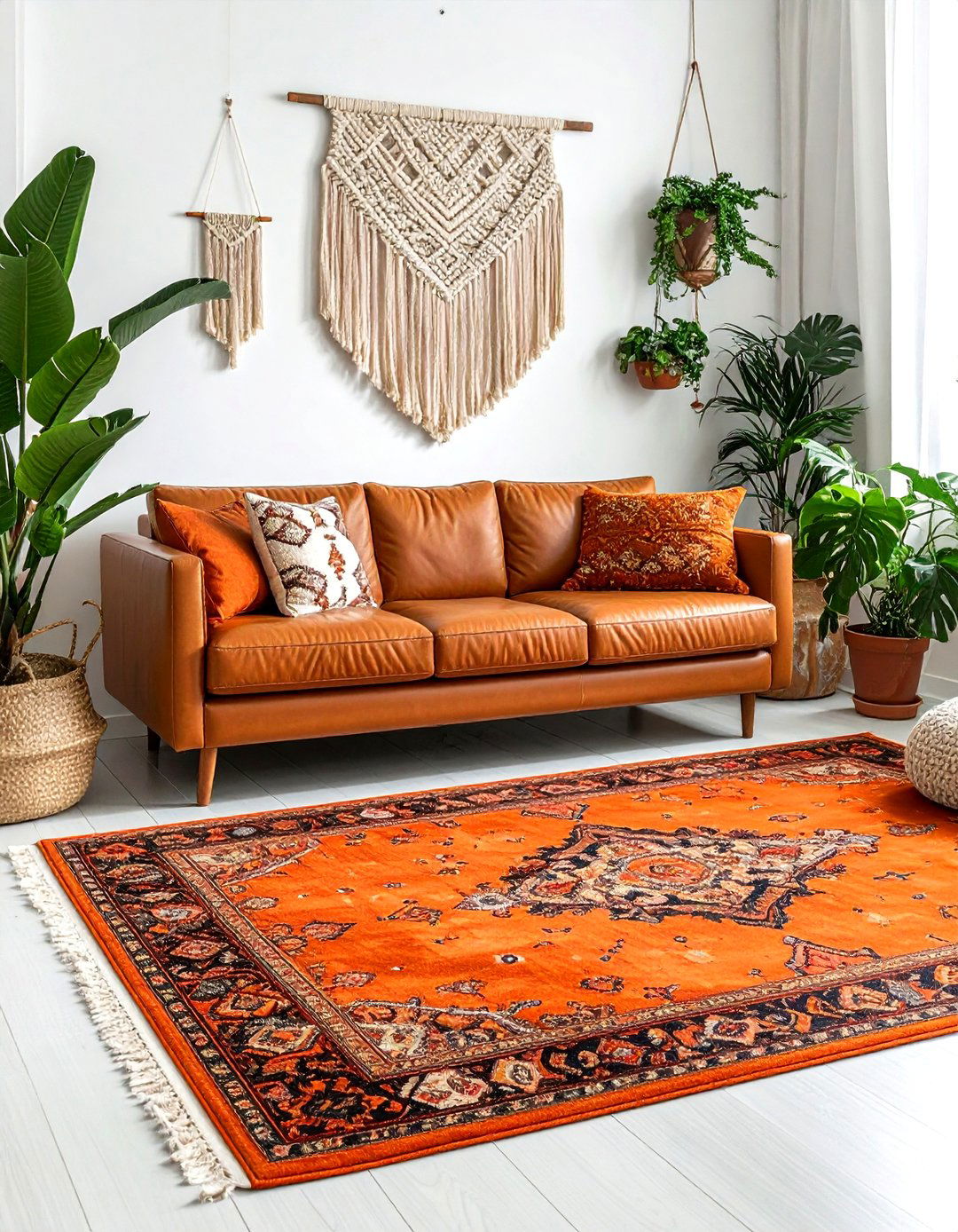 Boho orange rug - 30 orange living room decor ideas