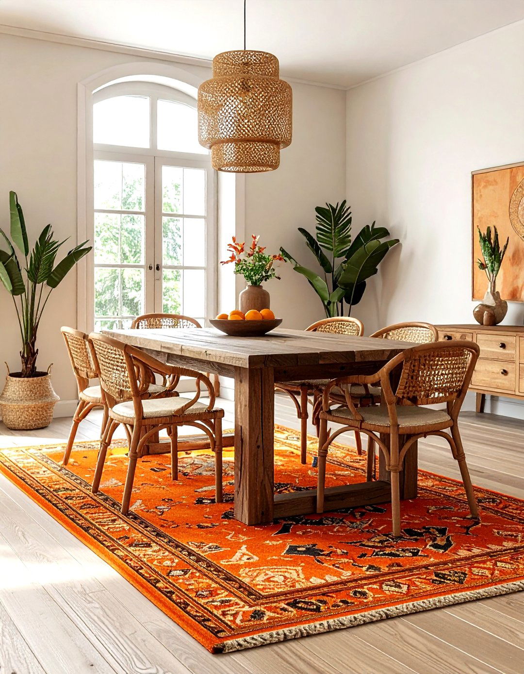 Boho orange rug - 30 orange dining room decor ideas