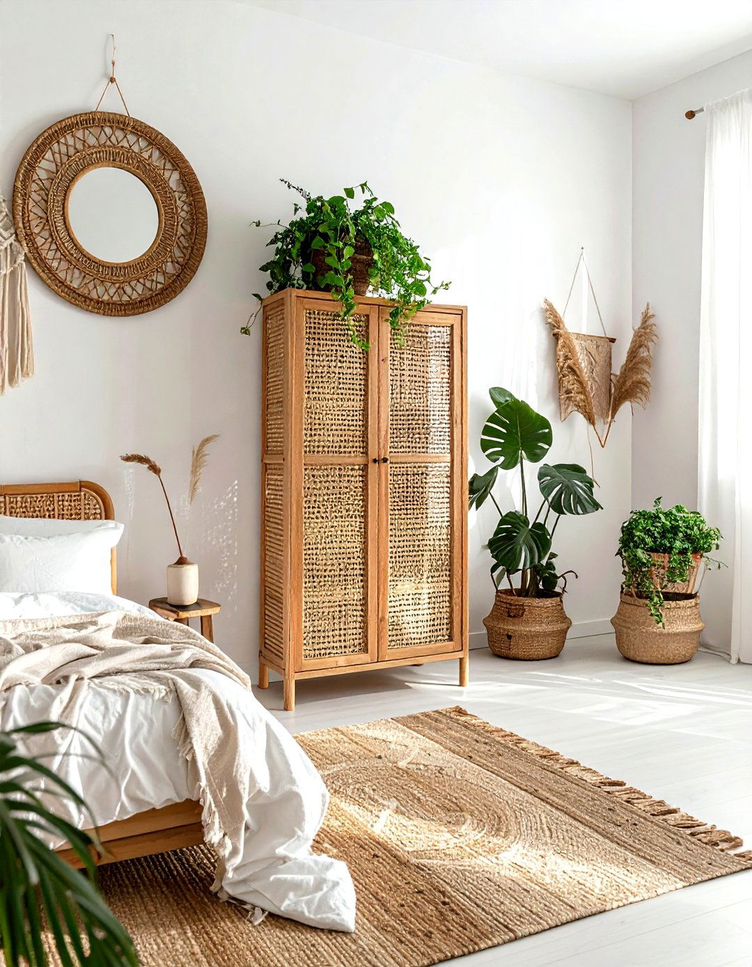 Boho rattan armoire - 30 armoire decor ideas