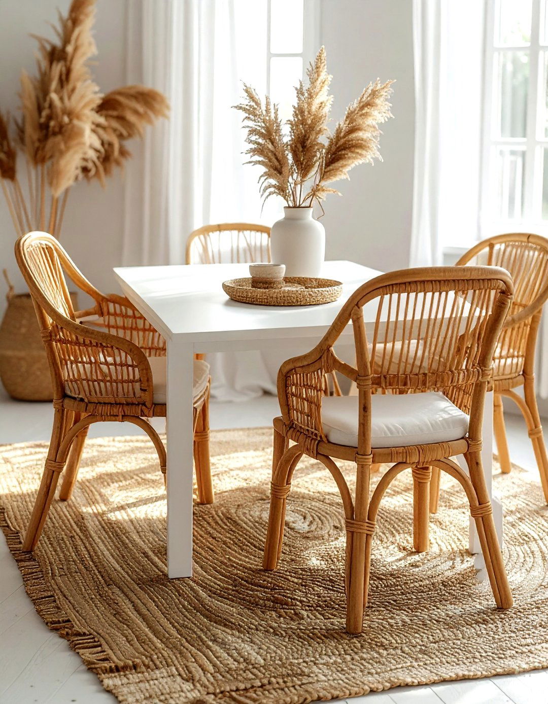 Boho rattan chairs white dining table - 30 brown and white dining room ideas