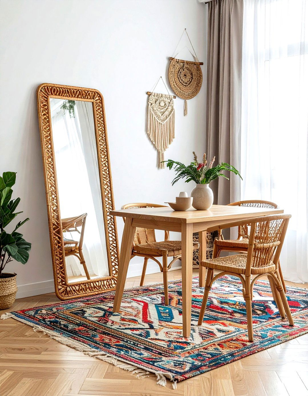 Boho rattan floor mirror - 30 leaning mirror dining room ideas