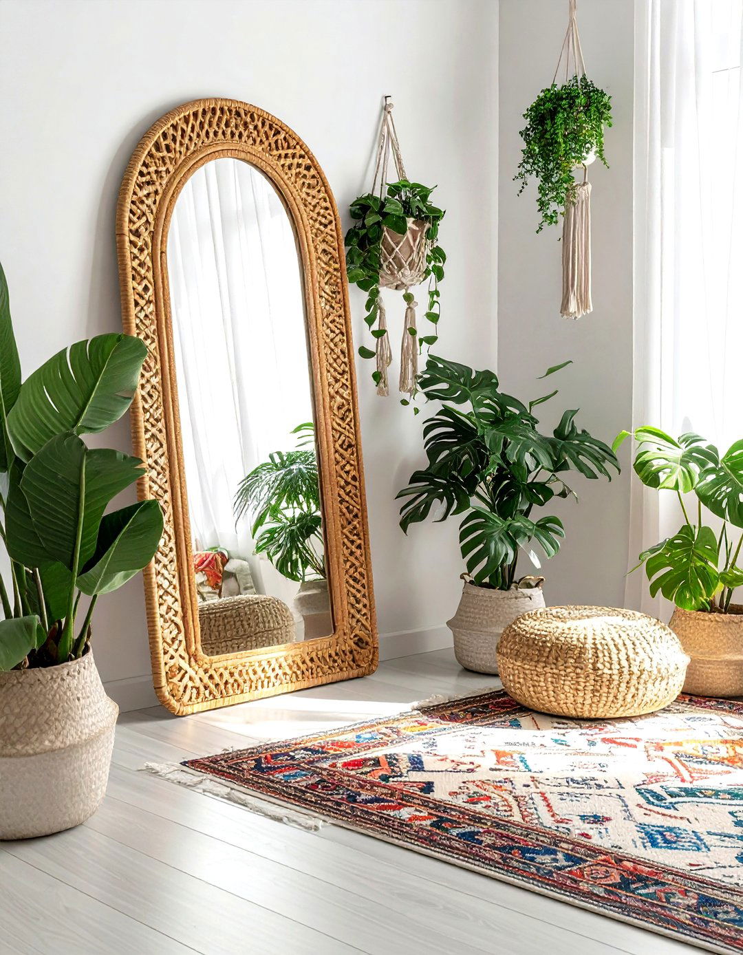 Boho rattan floor mirror - 30 leaning mirror ideas