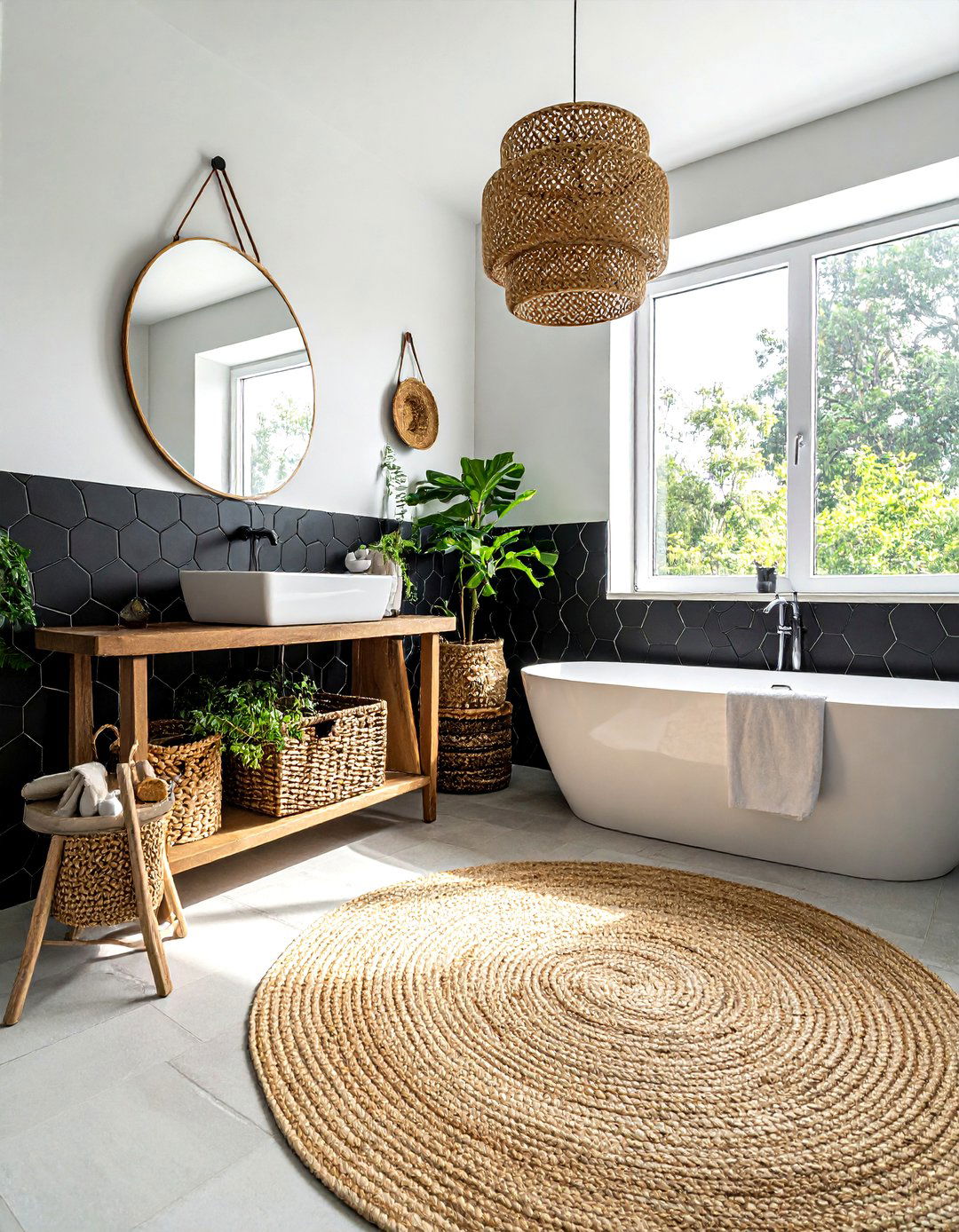 Boho style black hexagon tile bathroom - 30 black hexagon tile bathroom ideas