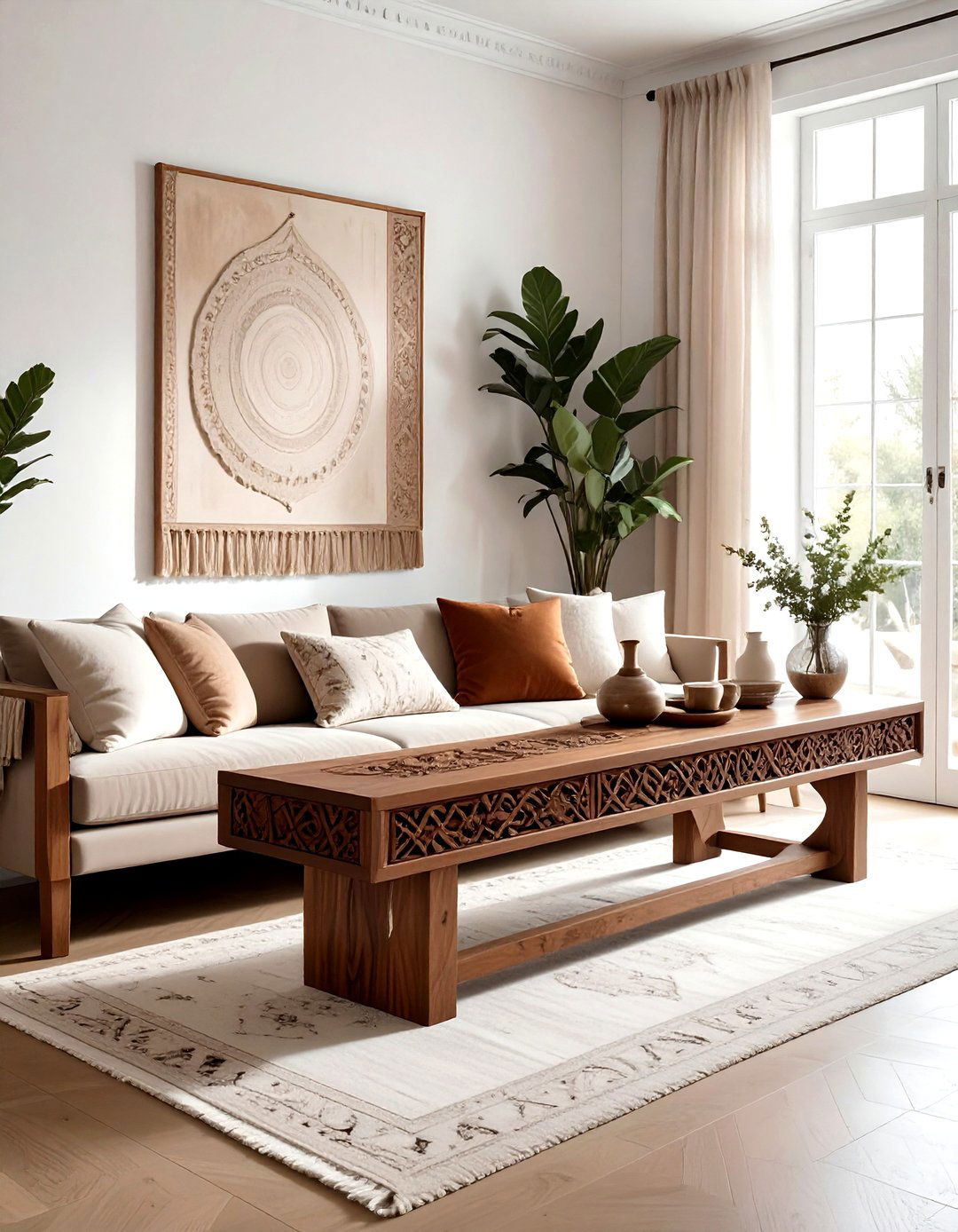 Boho wood console table - 30 living room sofa table ideas