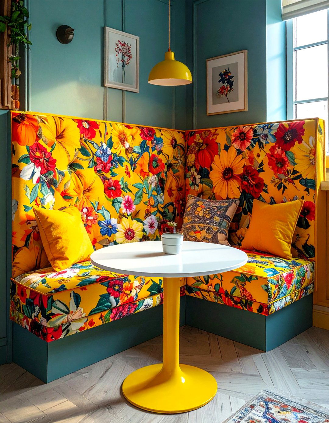Bold Patterned Upholstery Nook - 30 corner banquette dining ideas