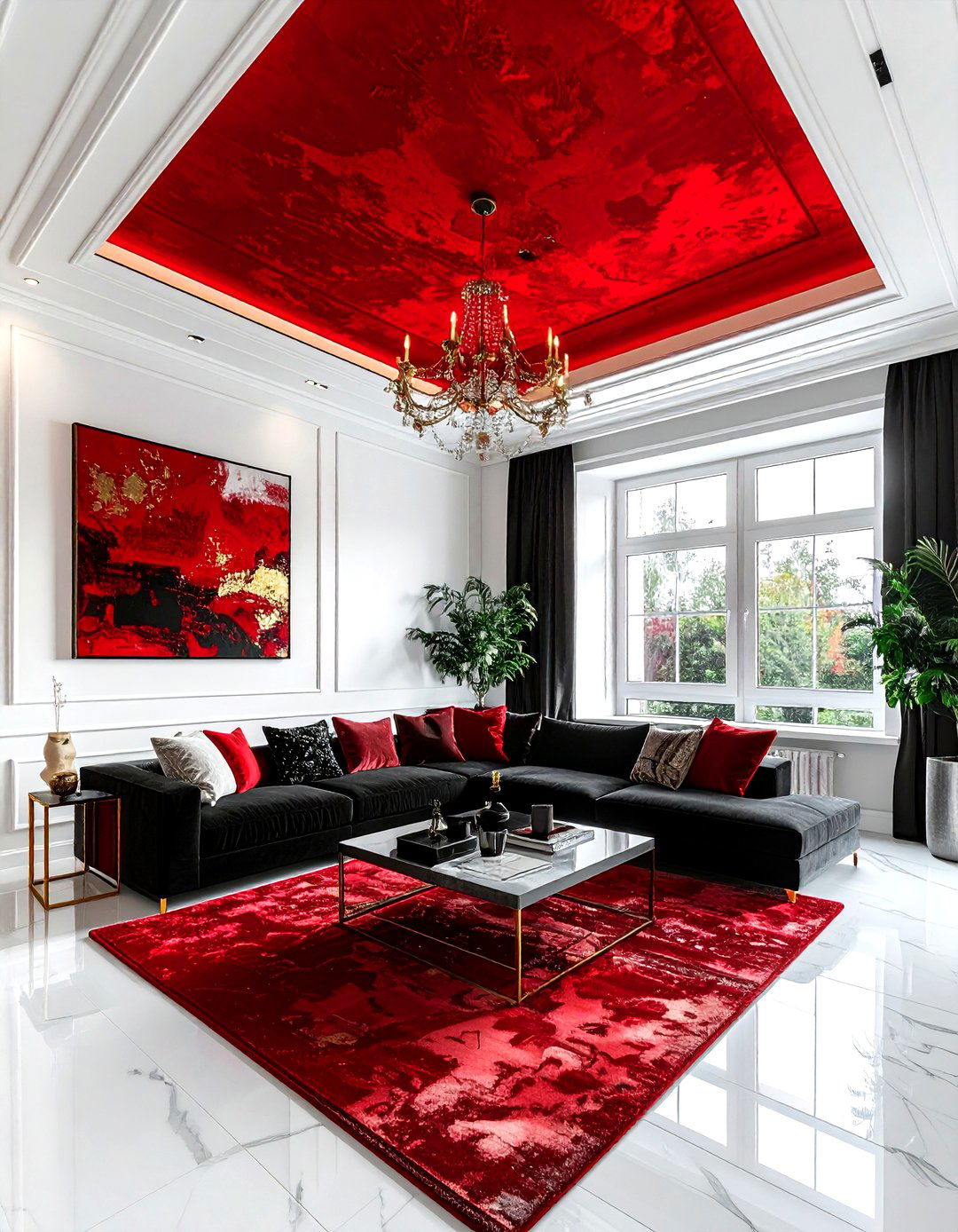 Bold Red Ceiling - 30 living room wallpapered ceiling ideas
