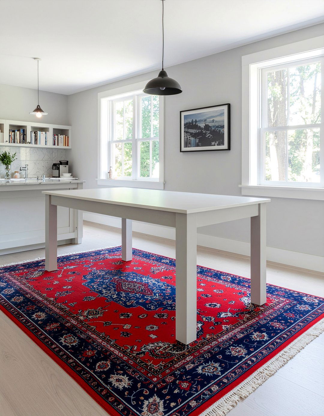 Bold Rug Under Neutral Table - 30 dining room balance ideas