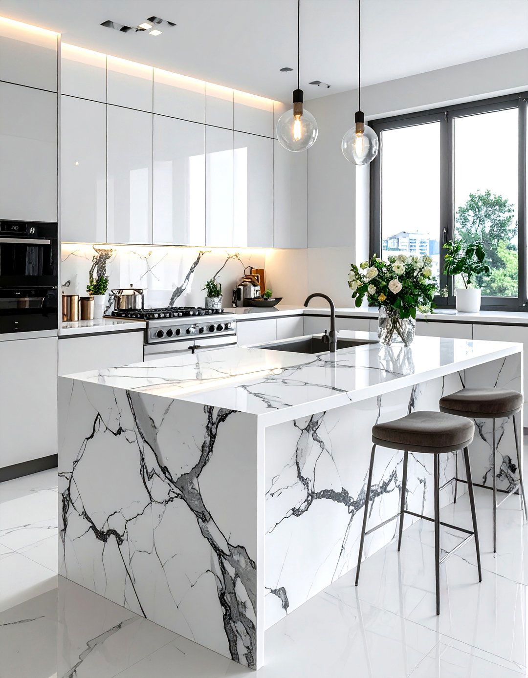 Bold Veined Porcelain Kitchen - 30 porcelain countertop kitchen ideas