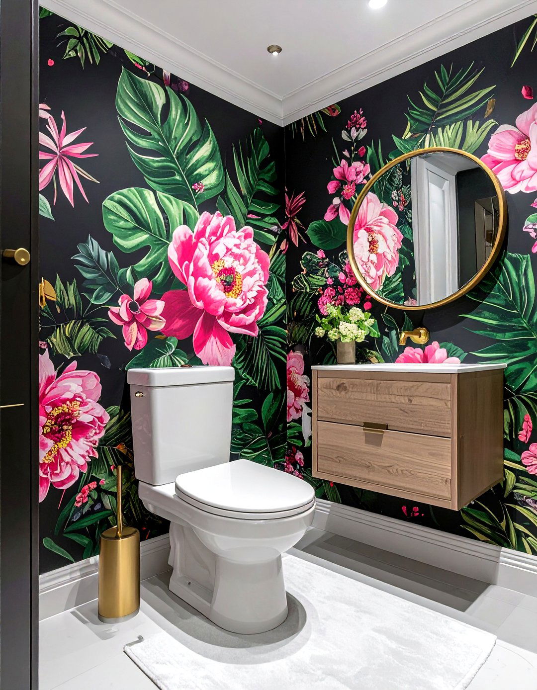Bold floral wallpaper bathroom - 30 water closet ideas